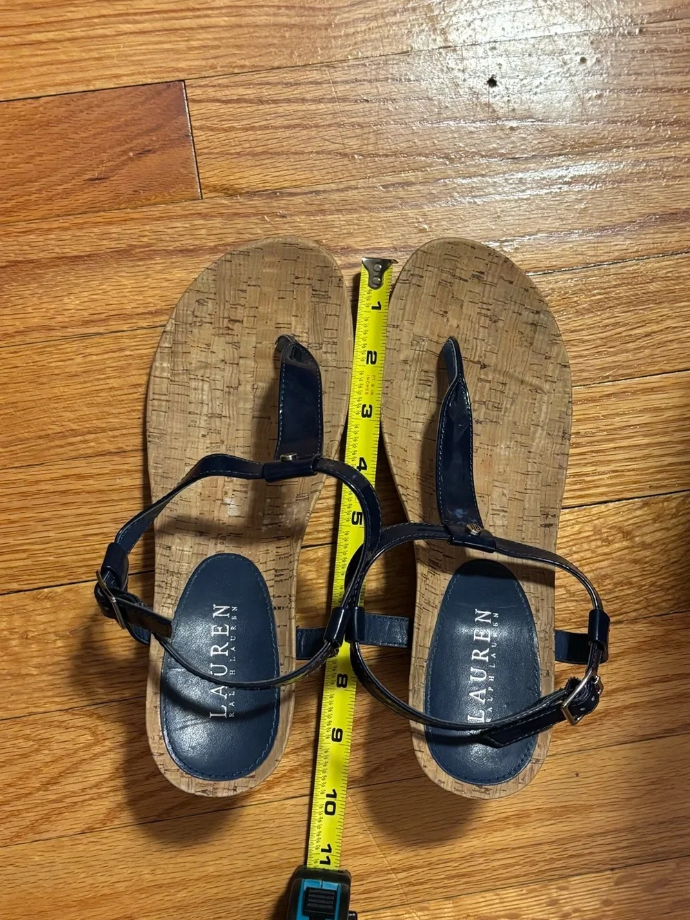 Lauren Ralph Lauren Rosalia Navy Patent Wedge Sandals Cork Footbed Size 9B